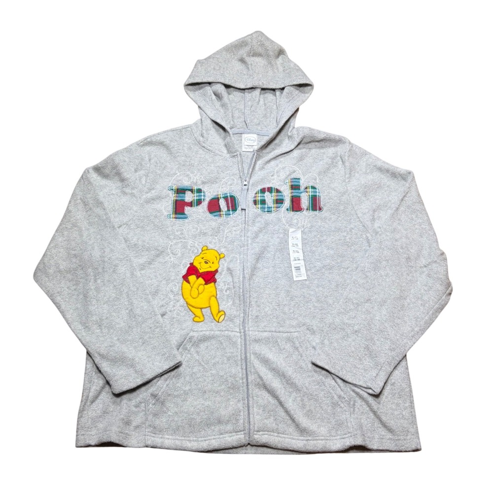Disney Winnie the Pooh Gray Fleece Full Zip Hoodie Plaid Embroidery XL 16/18 NEW